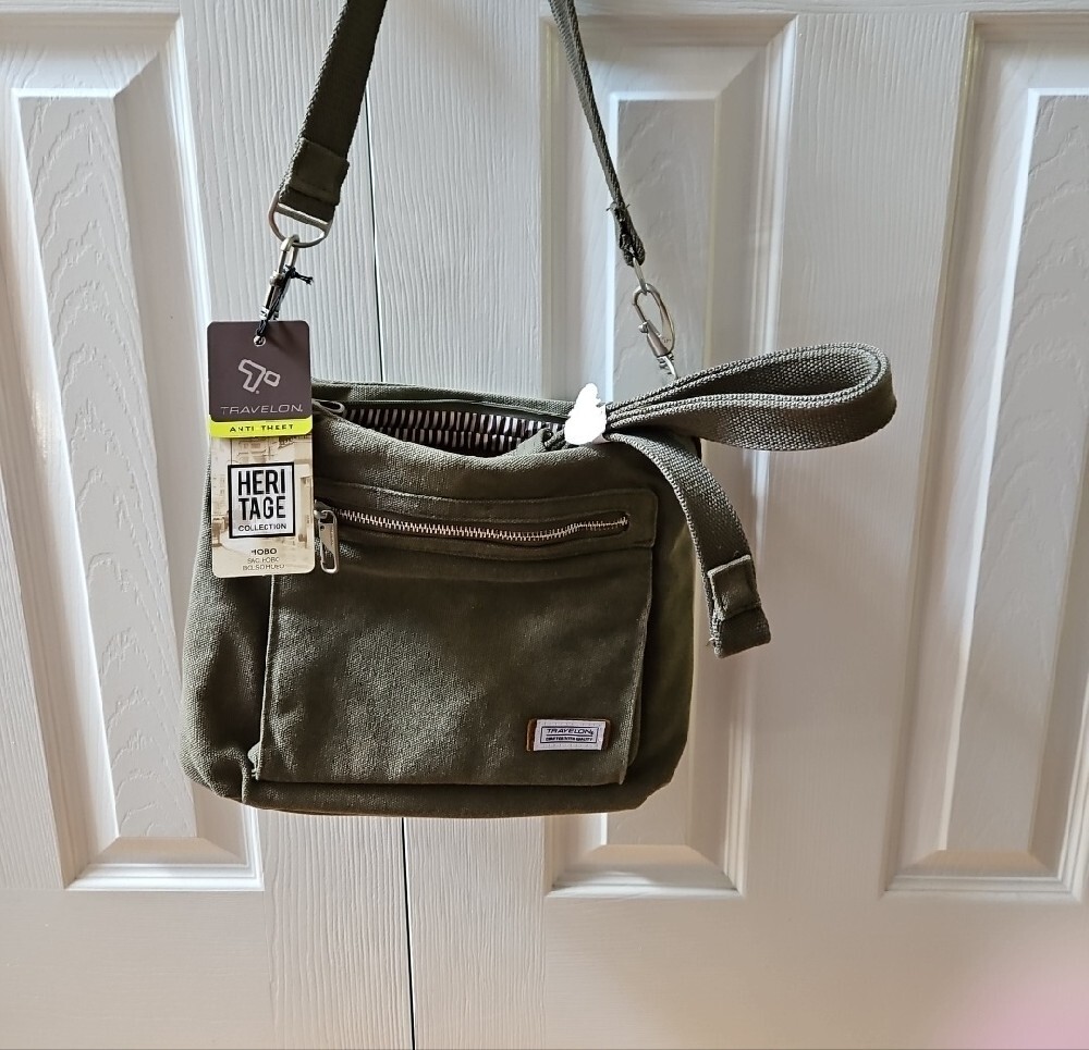 Travelon Olive Green Heritage Canvas Messenger Bag - Picture 2 of 5